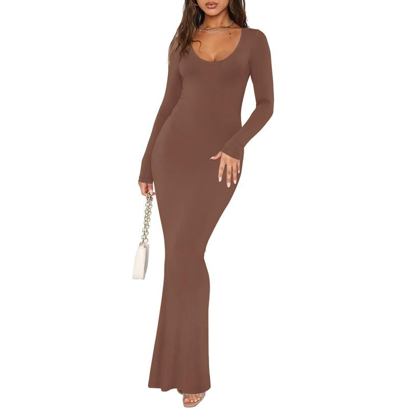 REORIA Tiktokshopbacktoschool Mother'S Day Gift Women'S Sexy Scoop Neck Long Sleeve Lounge Long Dress Summer Outdoorfun Ribbed Bodycon Maxi Dresses Fall Winter Layer Casual Fabric